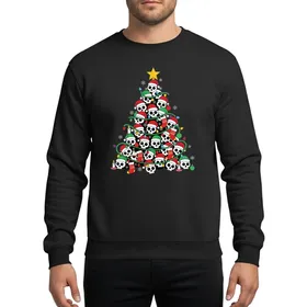 Festive Skull Art Enthusiasts' Vibrant Christmas Tree with Red Green Santa Hats Golden Star & Multi-Color Lights Sweatshirt