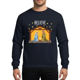 Christmas Celebrants' Hand-Drawn Folk Art Nativity, White 'Believe' & Gold Stars, Blue Mary, Olive Joseph Sweatshirt