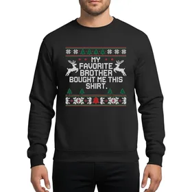 Sibling Festive Ugly Sweater Pixel Art: White 'My Favorite Brother Bought Me This' Text, Reindeer, Snowflakes, Red Bell Sweatshirt