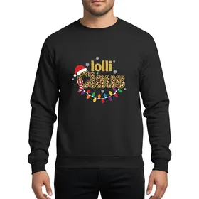 Holiday Enthusiasts' Gold Glitter Lolli Claus, Leopard Print Script, Santa Hat, Red Scarf & Festive String Lights Sweatshirt