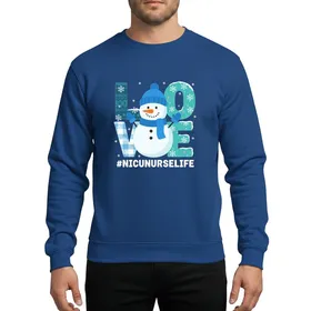 NICU Nurse Playful Winter Snowman Love Letters, Royal Blue Hat & Scarf, Teal Plaid & Knit Texture, Silver Glitter Snowflakes Sweatshirt