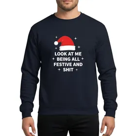 Adult Humor Christmas Fans Bold White Text Red Santa Hat Black Background Four-Point Stars Sweatshirt