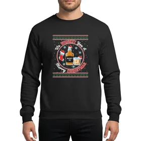 Adult Holiday Drinkers' Black Ugly Sweater Style Whiskey Bottle Glass Santa Hats Red Green Pine Tree Snowflakes Design Sweatshirt