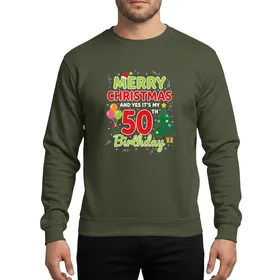 Holiday Birthday Revelers Whimsical Red & Lime Green '50th Birthday' Christmas design, festive balloons, tree, and colorful confetti Sweatshirt