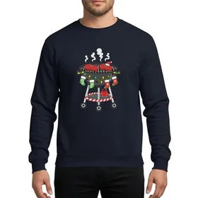 Holiday Grill Masters' Vibrant Cartoon BBQ Grill with Two Sizzling Red Steaks, Santa Hat, Multicolor Christmas Lights, & Candy Cane Stripes Sweatshirt