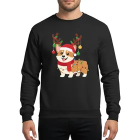 Corgi Lovers' Joyful Fawn Corgi Reindeer Antlers Red Santa Hat Holly Gold Baubles Multicolor Christmas Lights Sweatshirt