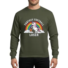 Fantasy Football Fans' Whimsical Fumbling Unicorn, Vibrant Rainbow, Collegiate 'FANTASY FOOTBALL' Design Sweatshirt