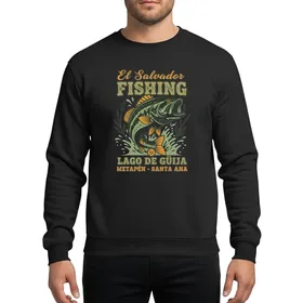 Fishing Enthusiasts' Vibrant Vintage El Salvador Lago de Güija Art with Leaping Forest Green Bass, Golden Orange Script & Sage Accents Sweatshirt