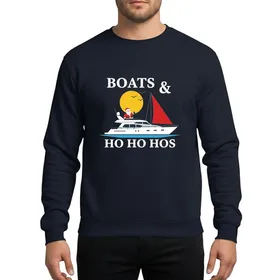 Boating Christmas Enthusiasts' Festive Nautical White Yacht Red Sail Santa Blue Water Yellow Sun 'BOATS & HO HO HOS' Text Sweatshirt