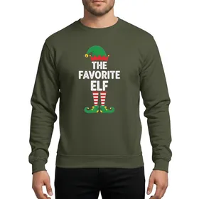 Christmas Families' Whimsical Green Elf Hat, Red White Striped Legs & 'THE FAVORITE ELF' White Text Sweatshirt