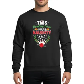 Festive Bowling Fans' White & Red Snow-Capped 'Naughty List' Typography, Green Holly & Gold Bells Bowling Theme Sweatshirt
