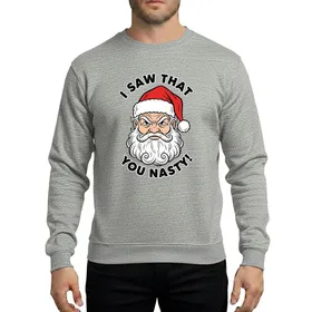 Adults' Humorous Holiday Stern Grumpy Santa Vintage Comic Head 'I Saw That' Bold Red Hat Black Retro Font Art Sweatshirt