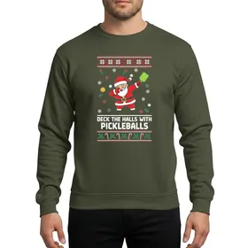 Pickleball Players' Festive Fun Bold Dabbing Santa Pickleball Ugly Christmas Red White Green Pixelated Fair Isle Pattern Sweatshirt