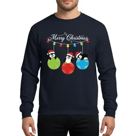 Festive Holiday Fans Cute Cartoon Penguins Red Green Blue Snowflake Christmas Ornaments Sweatshirt