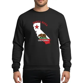 California Locals & Travelers' Bold Flat Red Star Brown Bear Green Stripe California Map, White CALIFORNIA, Arched Red SANTA ROSA Outline Art Sweatshirt