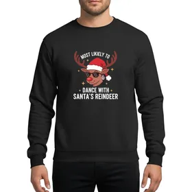 Christmas Lovers' Playful Winking Reindeer Red Santa Hat Black Sunglasses White Distressed Text Yellow Stars Sweatshirt