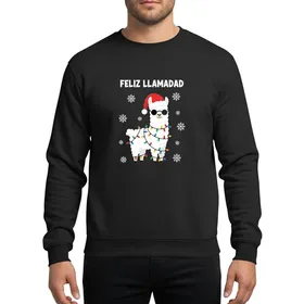 Holiday Humor Fans' Whimsical Llama Red Santa Hat Sunglasses Multi-Color Lights Snowflakes Sweatshirt