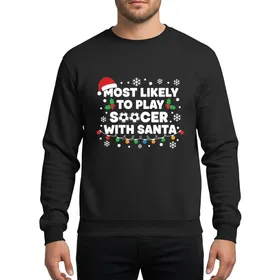 Family Holiday Humor Lovers' White Typographic Christmas Soccer Balls Red Santa Hat Green Holly Lights Festive Pattern Sweatshirt