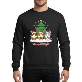 Guinea Pig Lovers' Cheerful Cartoon Guinea Pigs Red Santa Hats Green Christmas Tree Golden Star Ornaments Merry & Bright Whimsical Holiday Sweatshirt