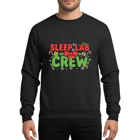 Sleep Lab Crew Members' Festive Red Green White 'SLEEP LAB CREW' Typography Holiday Snowflakes Holly Candy Canes Ornaments Retro Cartoon Sweatshirt