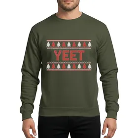 Trendy Holiday Enthusiasts' Bold Red White Knitted YEET Ugly Christmas Sweater with Candy Canes & Fir Trees Sweatshirt