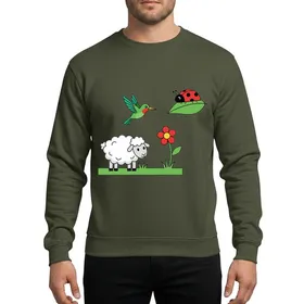 Whimsical Holiday Lovers' Magenta Cartoon Fluffy Sheep, Red Ladybug, Green Hummingbird Design Sweatshirt