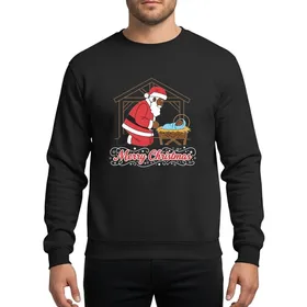 Diverse Christmas Art Lovers' Illustrative Black Santa Kneeling Dark Skinned Baby Jesus Manger & 'Merry Christmas' Sweatshirt