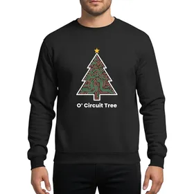 Tech Lovers' Stylized Circuit Board Christmas Tree Green Red Traces Yellow Star 'O Circuit Tree' Sweatshirt