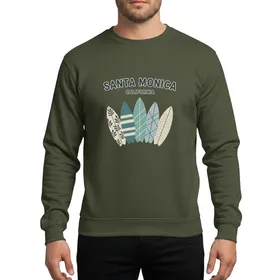 Coastal Style Aficionados Retro Santa Monica California Four Surfboards Illustrative Muted Teal Beige Grey Flat Design Sweatshirt