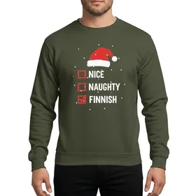 Finnish Heritage Enthusiasts' Hand-drawn Distressed Red White Santa Hat 'NICE NAUGHTY FINNISH' Checklist Design Sweatshirt