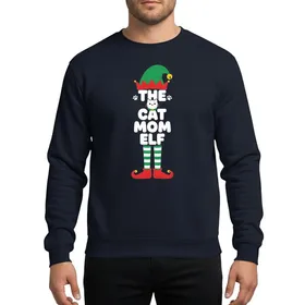 Cat Mom Women's Red Green Elf Figure White Cat 'THE CAT MOM ELF' Holiday Design Sweatshirt