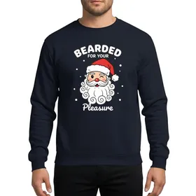 Holiday Humor Enthusiasts' Playful Winking Santa Portrait, Voluminous White Beard, Classic Red Hat, Bold 'BEARDED' Text Sweatshirt