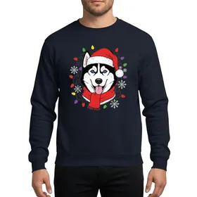 Siberian Husky Fans' Cheerful Blue-Eyed Husky in Red Santa Hat, Scarf, Christmas Lights & Snowflakes Sweatshirt