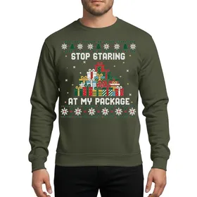 Holiday Party Goers' Retro 8-bit Pixel Art Christmas Gift Stack 'Stop Staring At My Package' Knit Style Sweatshirt