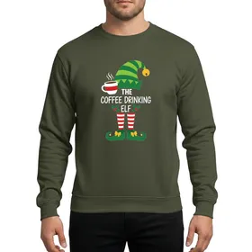 Holiday Coffee Lovers Whimsical Elf Hat Lime Green Stripe Coffee Cup Red Band Elf Legs Design Sweatshirt