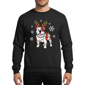 Dog Lovers' Festive American Bulldog Reindeer Antlers Vibrant Christmas Lights Digital Art Sweatshirt