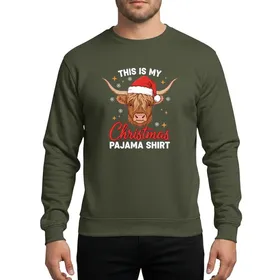 Highland Cow Fans' Rustic Christmas Red Santa Hat Brown Cow Flat Color Snowflakes Stars Cozy Text Art Sweatshirt