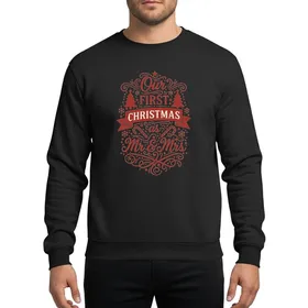 Newlyweds' Ornate Red Mr & Mrs First Christmas Typographic Art with Tree & Candy Cane Motifs Sweatshirt