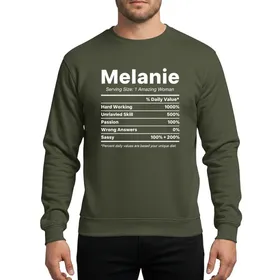 Women's Personalized Melanie Name White Text Nutrition Label Parody Vibrant Green Background Minimalist Typographic Sweatshirt
