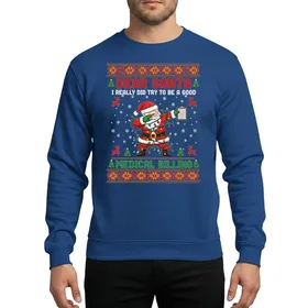 Medical Billing Staff's Humorous Pixel Art Dabbing Santa with Clipboard & Lights, Snowflakes, Red Green Festive Geometric Border Sweatshirt