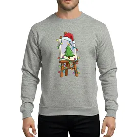 Christmas Painters' Warm Brown Easel Santa Hat Canvas Vibrant Green Tree Multicolor Christmas Lights Cartoon Sweatshirt