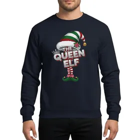 Women's & Girls' Royal Christmas Elf Design: Bold 3D Metallic Queen Elf, Red Green White Hat, Sparkly Crown, Sassy Striped Legs Sweatshirt
