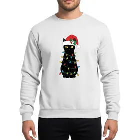 Cat Lovers' Black Cat Santa Hat Vibrant Christmas Lights Holly Berry Gold Bell Design Sweatshirt