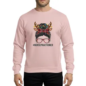 Nurse Practitioner Festive Messy Bun, Reindeer Antlers, Red Black Buffalo Plaid Christmas Lights Sweatshirt