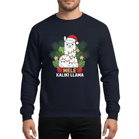 Tropical Christmas Fans' Whimsical White Llama, Red Santa Hat, Rainbow Lights, Green Palm, Peach Plumeria, Orange Mele Kaliki Llama Sweatshirt