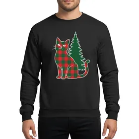 Christmas Cat Lovers' Red Buffalo Plaid Cat Silhouette Forest Green Tree Graphic Sweatshirt