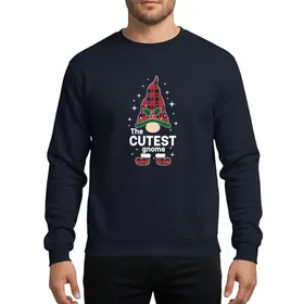 Family Christmas Lovers' Whimsical Red Black Buffalo Plaid Gnome Holly Berries 'The CUTEST gnome' Starry Black Sweatshirt