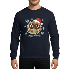 Holiday Humor Fans' Whimsical Creamy FSM, Red Santa Hat, Colorful Christmas Lights & Blue Snowflakes Sweatshirt