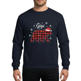 Gigi's Family Christmas Distressed Red Black Buffalo Plaid Bear Santa Hat Colorful Lights Snowflake Winter Scene Sweatshirt