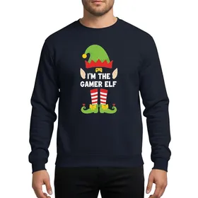 Christmas Gamers' Whimsical Elf Costume Elements, Pixel Gamepad, Striped Socks, Lime Green & Red Accents Sweatshirt